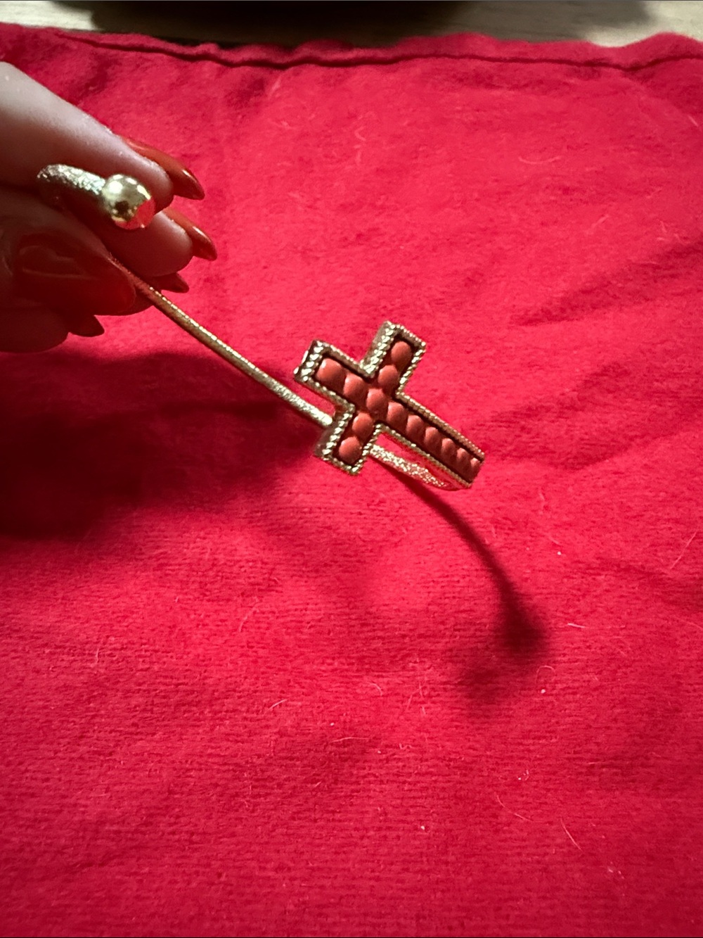 Gold Tone Coral Beaded Cross Open Cuff Bracelet